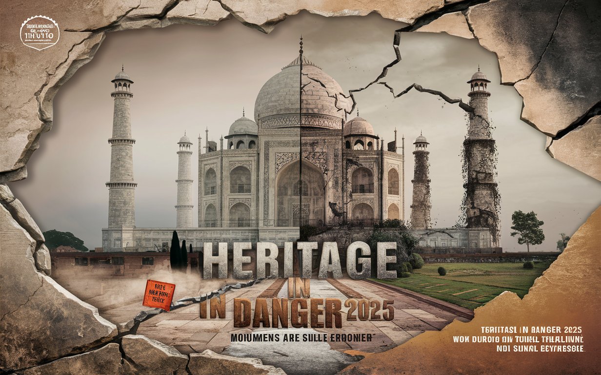 Indian monuments 2025 threat, Taj Mahal pollution damage, climate change and heritage India, historical sites under risk India, ASI monument protection India, Konark temple erosion, illegal construction near forts, UNESCO sites India danger, heritage tourism issues 2025, Red Fort urban encroachment, monument watch app, Adopt a Monument scheme, Indian heritage crisis 2025, AI in monument conservation, pollution affecting Indian architecture